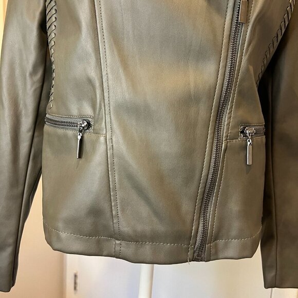Alfani Olive Whipstitched Faux Leather Zip Up Jacket, Size Medium - Picture 6 of 16